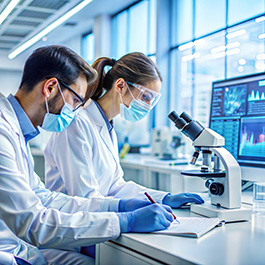 Scientists looking through microscopes